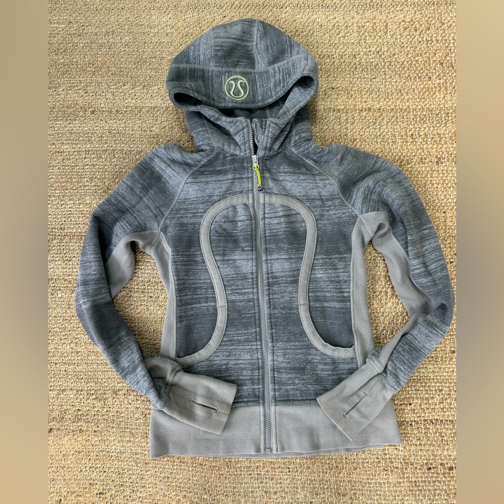 Lululemon scuba gray‎ stripes with neon yellow accents full zip hoodie size 6